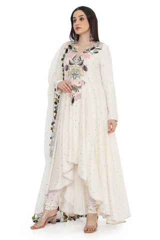 Off-white embroidered high-low anarkali with churidar and a dupatta