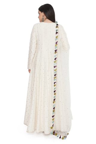 Off-white embroidered high-low anarkali with churidar and a dupatta