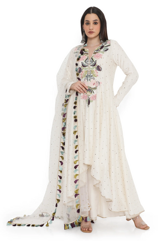 Off-white embroidered high-low anarkali with churidar and a dupatta