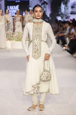 Ivory embroidered yoke anarkali and churidar with dupatta