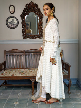 Ivory embroidered yoke anarkali and churidar with dupatta