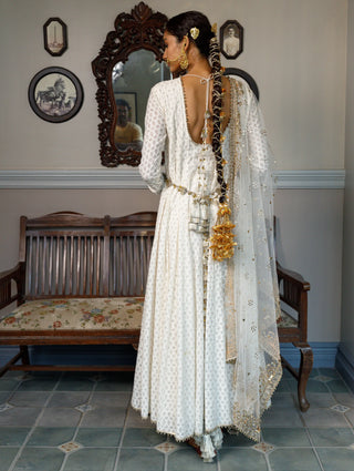 Ivory embroidered yoke anarkali and churidar with dupatta