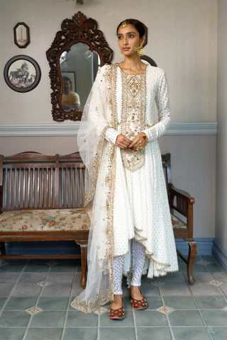 Ivory embroidered yoke anarkali and churidar with dupatta