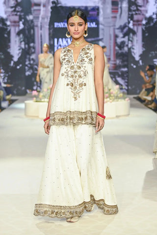 Ivory embroidered short anarkali with sharara and dupatta