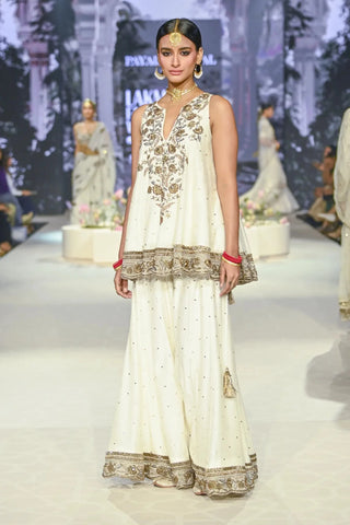 Ivory embroidered short anarkali with sharara and dupatta