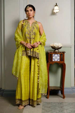 Mehendi green embroidered short anarkali and sharara with dupatta