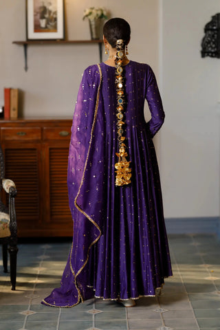 Purple embroidered high low anarkali and churidar wth dupatta