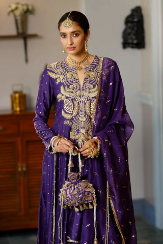 Purple embroidered high low anarkali and churidar wth dupatta