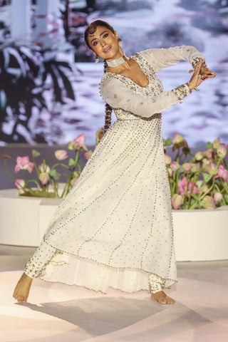 Off white embroidered anarkali and churidar with dupatta