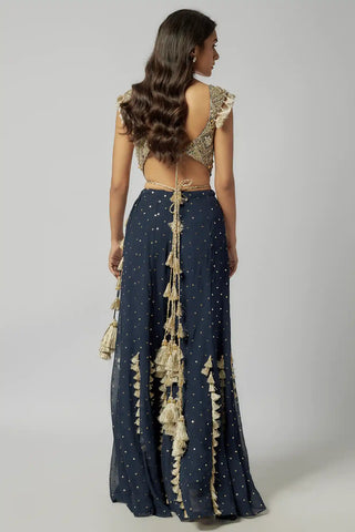 Navy embroidered back tie-up choli and sharara set