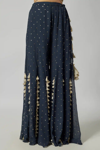 Navy embroidered back tie-up choli and sharara set