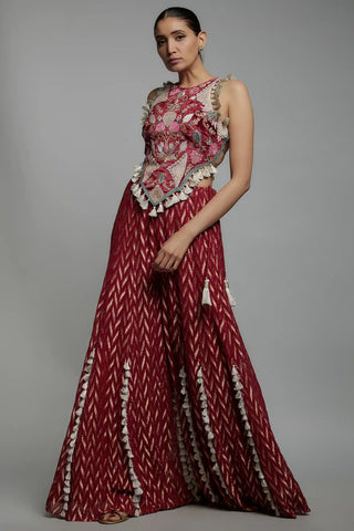 Maroon embroidered back tie-up choli and sharara