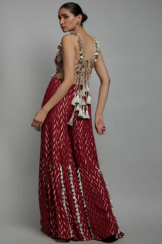 Maroon embroidered back tie-up choli and sharara