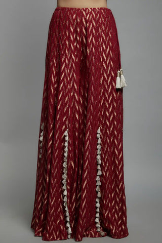 Maroon embroidered back tie-up choli and sharara