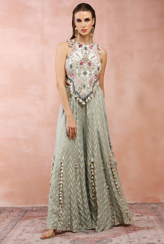 Powder blue applique choli with sharara