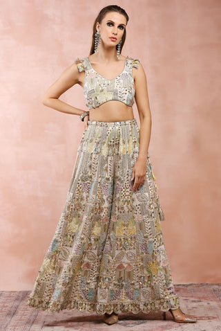 Off white applique embroidered sharara and choli