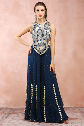 Teal blue embroidered choli and sharara