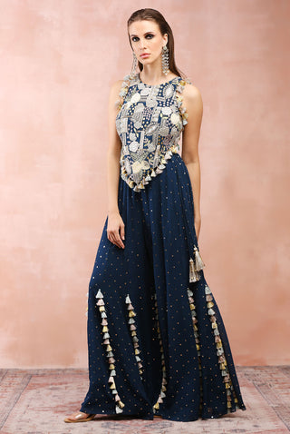 Teal blue embroidered choli and sharara