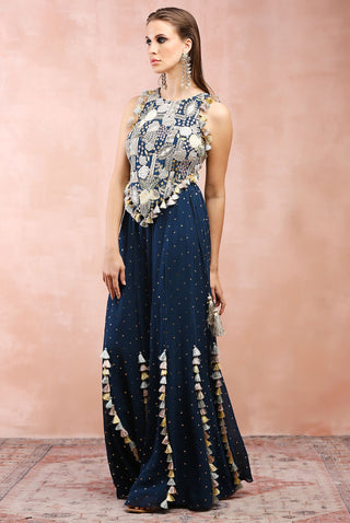 Teal blue embroidered choli and sharara