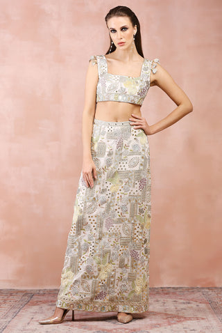 Offwhite applique embroidered choli and skirt