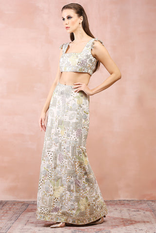 Offwhite applique embroidered choli and skirt