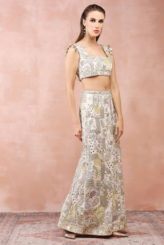 Offwhite applique embroidered choli and skirt