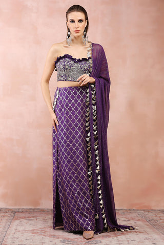 Purple embroidered corset bustier, skirt and dupatta