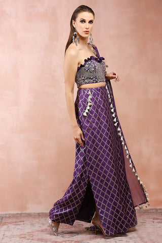 Purple embroidered corset bustier, skirt and dupatta