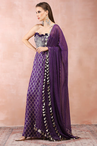 Purple embroidered corset bustier, skirt and dupatta