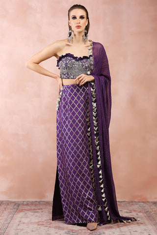 Purple embroidered corset bustier, skirt and dupatta