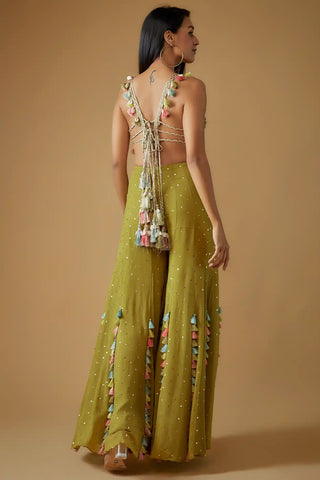 Olive green embroidered back tie-up choli and sharara