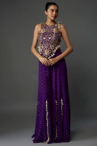 Purple embroidered back tie-up choli and sharara