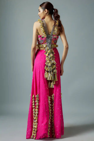 Hot pink georgette tie-up choli and mukaish sharara