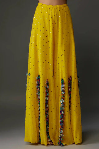 Yellow georgette embroidered choli and mukaish sharara