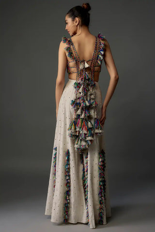 Off-white embroidered back tie-up choli and sharara