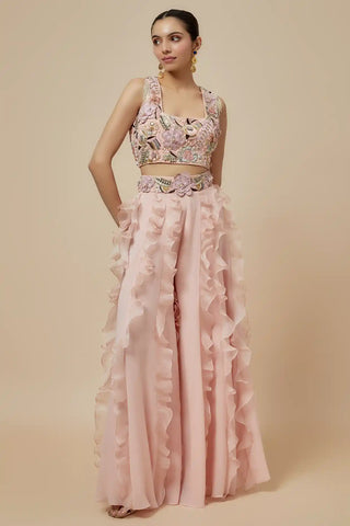 Rose pink embroidered choli and ruffled sharara