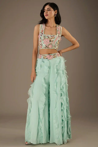 Aqua embroidered choli and ruffled sharara