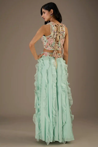 Aqua embroidered choli and ruffled sharara