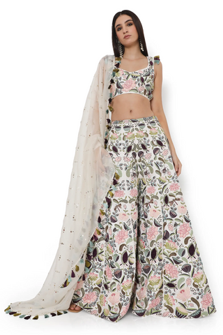 Ivory lotus embroidered choli with sharara and dupatta