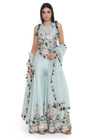 Powder blue embroidered choli with sharara and a dupatta