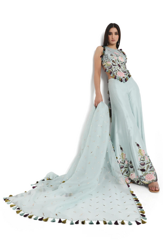 Powder blue embroidered choli with sharara and a dupatta