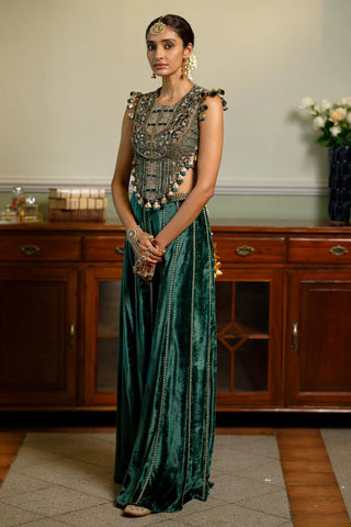 Emerald green embroidered back tie-up choli and sharara pant