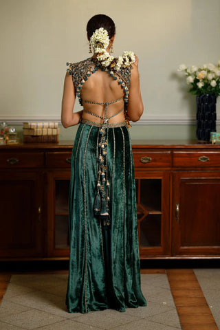 Emerald green embroidered back tie-up choli and sharara pant