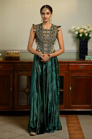 Emerald green embroidered back tie-up choli and sharara pant