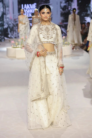 Ivory embroidered high low choli with sharara and dupatta