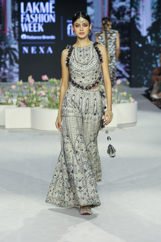 Off white embroidered back tie-up choli and sharara