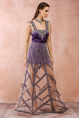 Purple embroidered dress with skirt