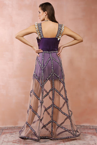 Purple embroidered dress with skirt