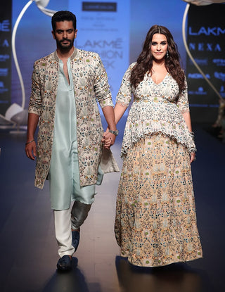 Tahir ice blue silk kurta and jacket set