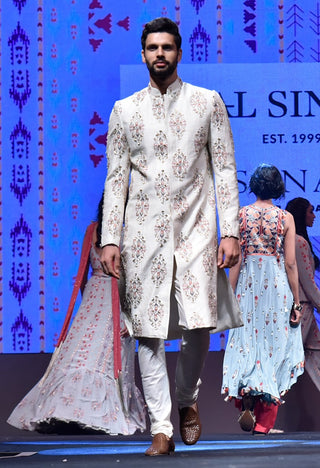 Reyhan cream printed sherwani and churidar